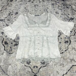 NY Collection Sheer Lace Button Front Blouse White Short Sleeve Women’s L